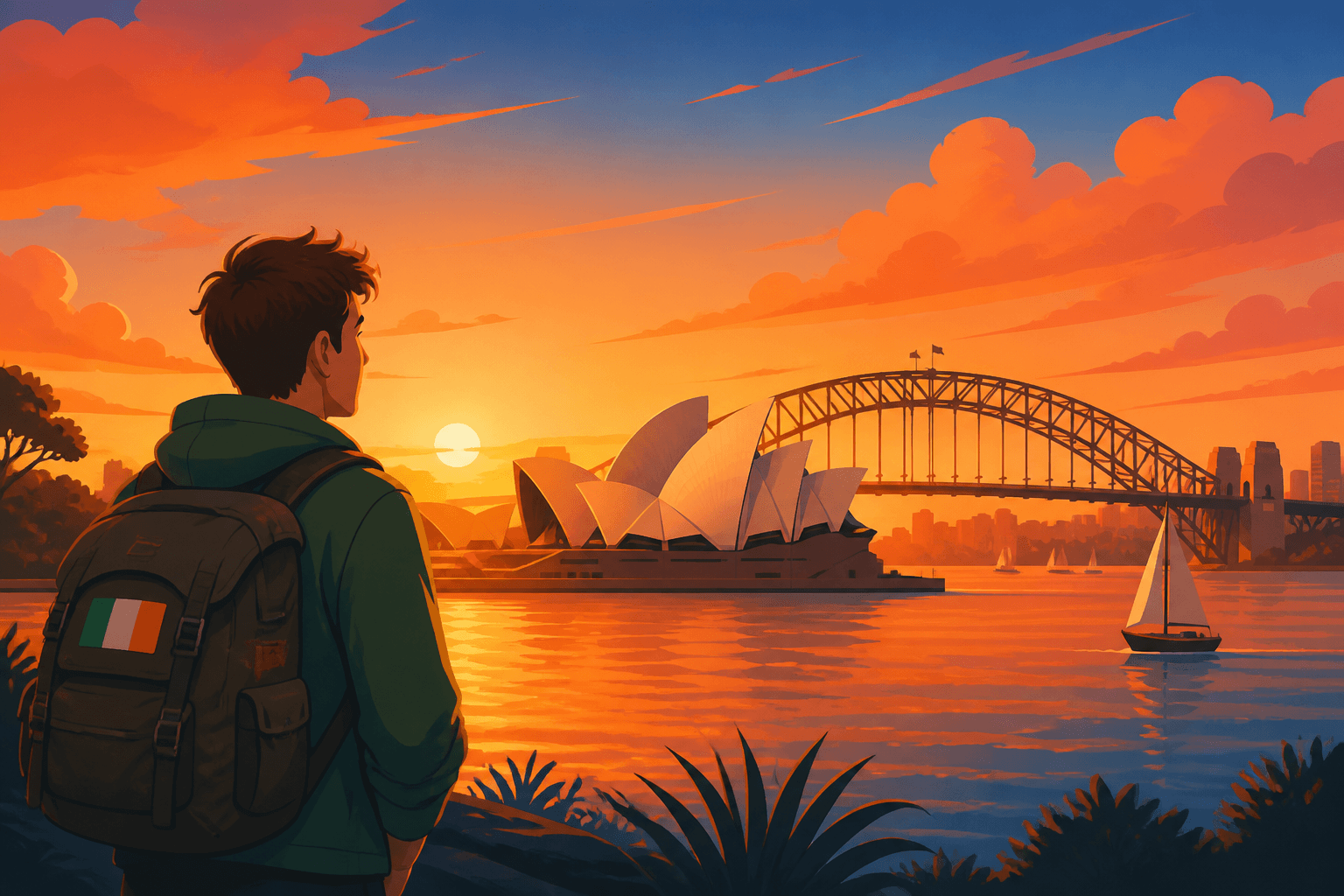 Irish traveler looking toward Australia with Sydney skyline