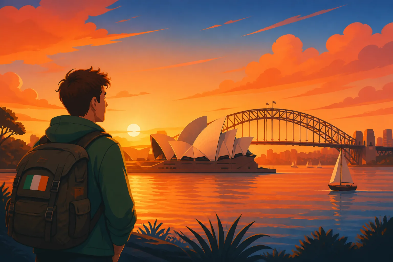 Irish traveler looking toward Australia with Sydney skyline
